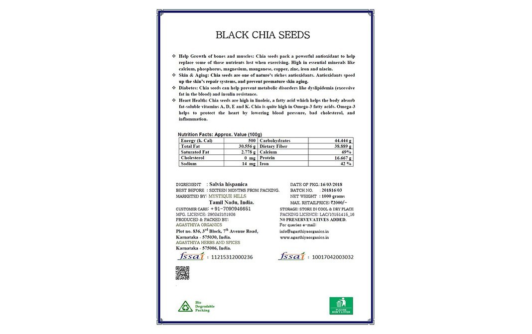 Mystique Hills Organic Black Chia Seeds   Box  1 kilogram